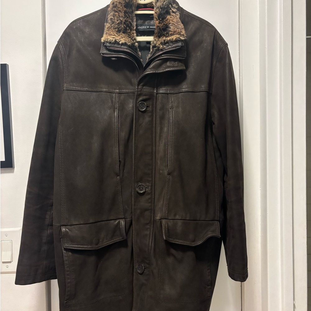 Andrew Marc Dark Brown Leather Jacket with Detachable Fur Collar size XL